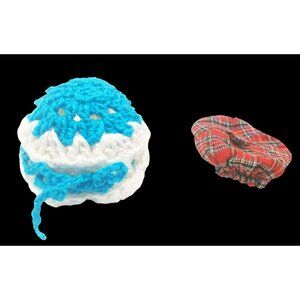 2 Doll Size Handmade Crochet Blue White Red Plaid Miniature Hats Vintage